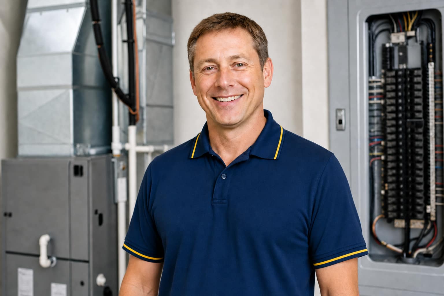 Volt N' Vent HVAC and electrical technician in navy and gold uniform